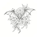 bat with sakura flowers and Japanese characters tattoo design idea