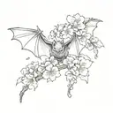 bat with sakura flowers and Japanese characters tattoo design idea