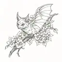 bat with sakura flowers and Japanese characters tattoo design idea