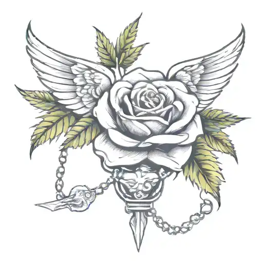 rose with marijuana leaves with wings and rosary beads wrapped loosely   tattoo design idea