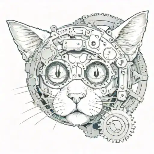 in the center of the gear, a cat with human eyes looks mysteriously tattoo design idea
