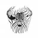 A minimalist design of a hunting scene with a zebra as the hunter and a skull as the prey tattoo design idea