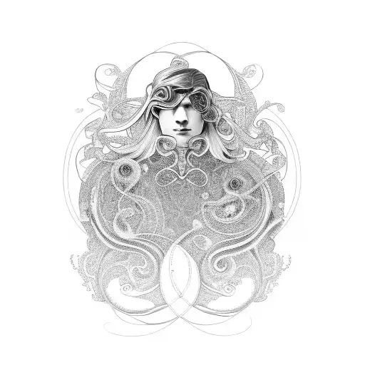 An elegant Art Nouveau-style portrait of a man with flowing, stylized hair and adorned with floral and decorative tattoo design idea
