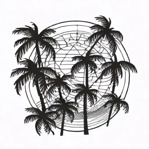 A palm tree made of cocktail umbrellas with a sun setting behind it tattoo design idea