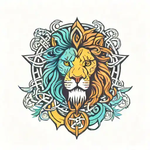 A new-school interpretation of a lion and a Celtic Cross in a vibrant and colorful design tattoo design idea