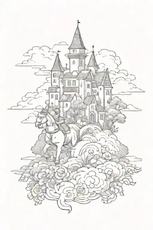 knight, clouds, houses and a flowers tattoo design idea