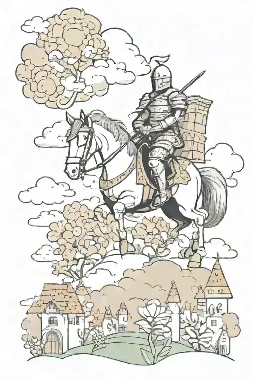knight, clouds, houses and a flowers tattoo design idea