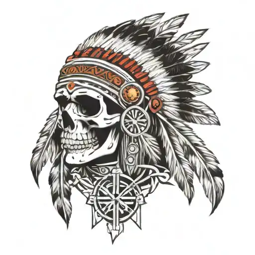 native American chief with half skull, lymphoma cancer ribbon, celtic cross tattoo design idea