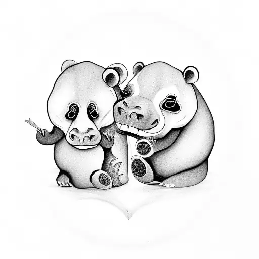 hippopotamus with a panda in love tattoo design idea
