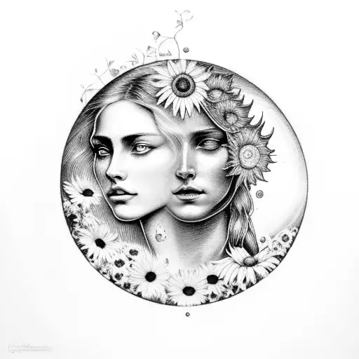 aphrodite, selene, persephone in a dark meadow with a moon, sunflowers tattoo design idea