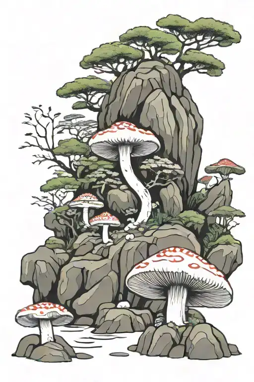 rock garden with local mushroom  tattoo design idea