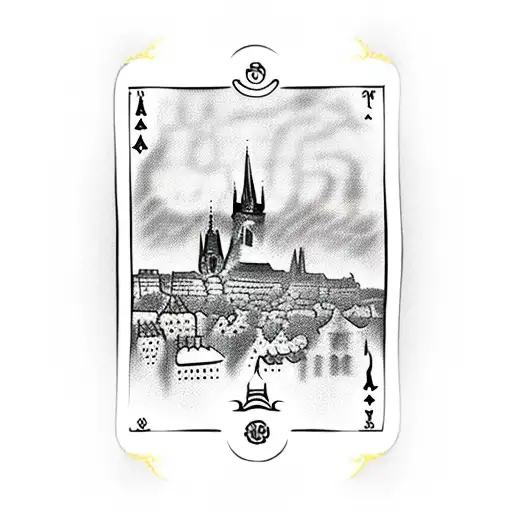 A tarot card design featuring a cat as the main symbol, with Prague's iconic skyline in the background tattoo design idea