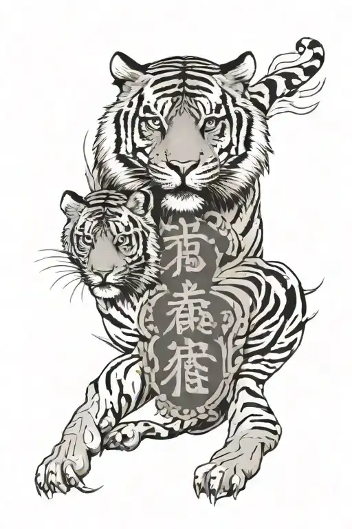 Small tattoo with The name 艾玛 and 弗里达 with a full body tiger tattoo design idea