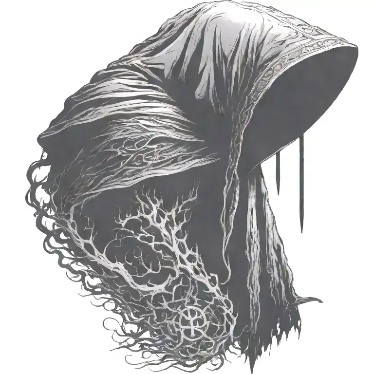 hooded reaper silohuette, smoke, fire, scary, bat wings, Viking runes, kenaz rune tattoo design idea