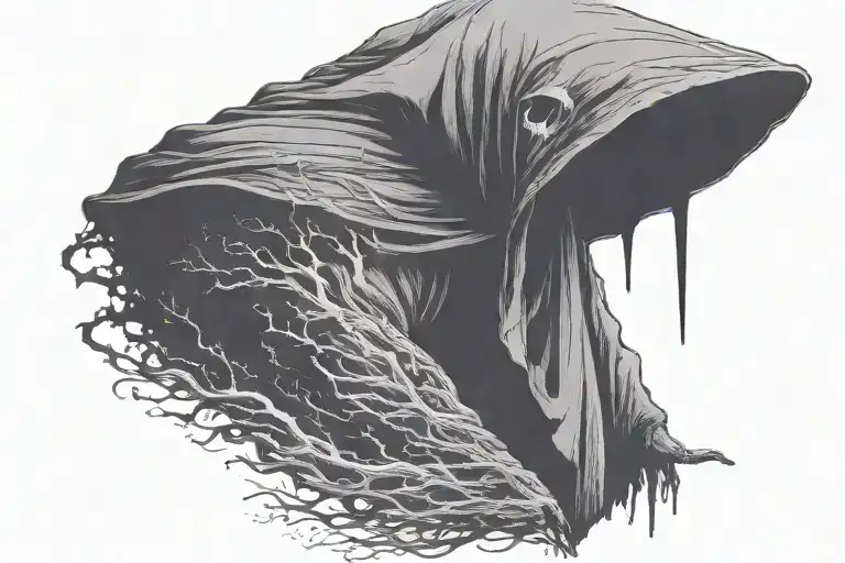 Hooded Reaper Silohuette, Smoke, Fire, Scary, Bat Wings add element for chest tattoo design idea