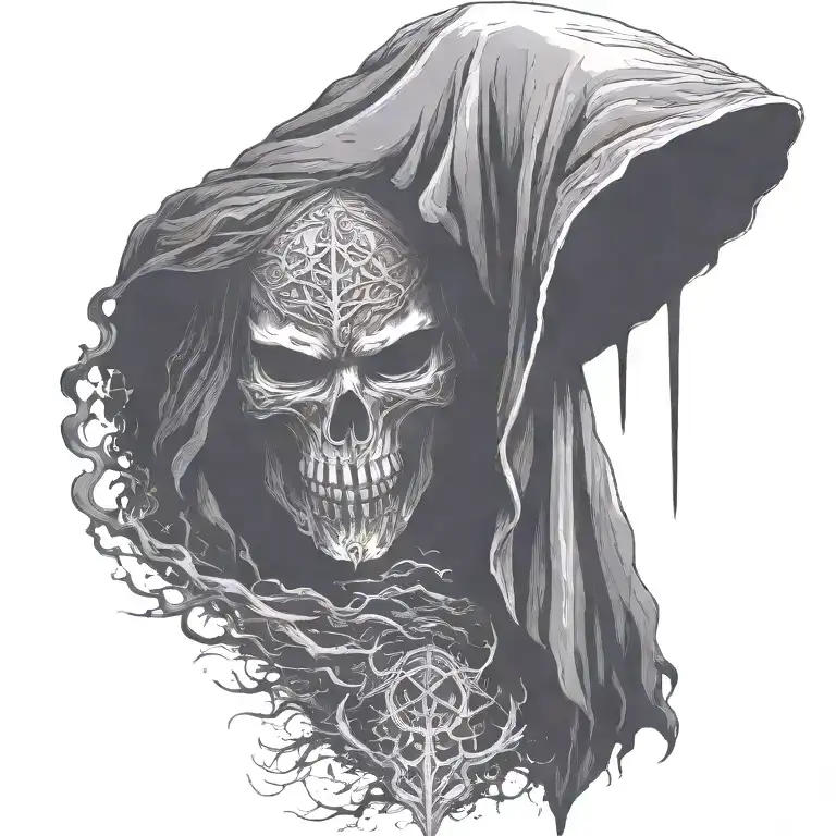 hooded reaper silohuette, smoke, fire, scary, bat wings, Viking runes tattoo design idea