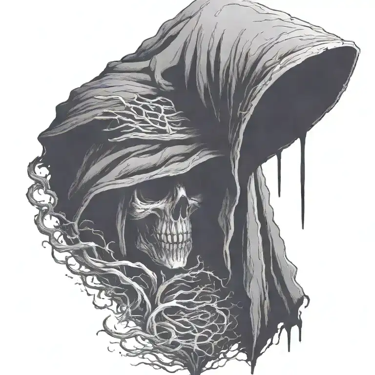 Hooded Reaper Silohuette, Smoke, Fire, Scary, Bat Wings add element for chest tattoo design idea