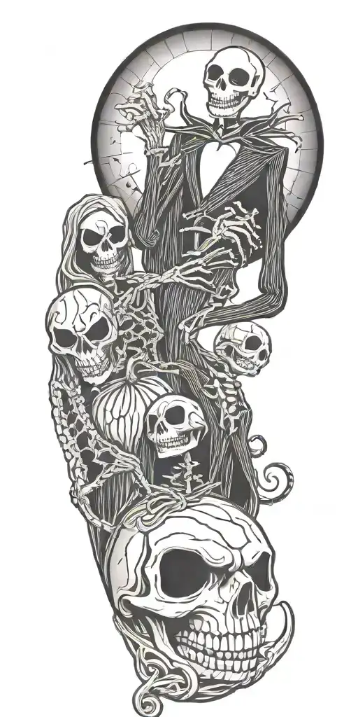 nightmare before Christmas with many skellets brutal tattoo with jack and dally on arm  tattoo design idea