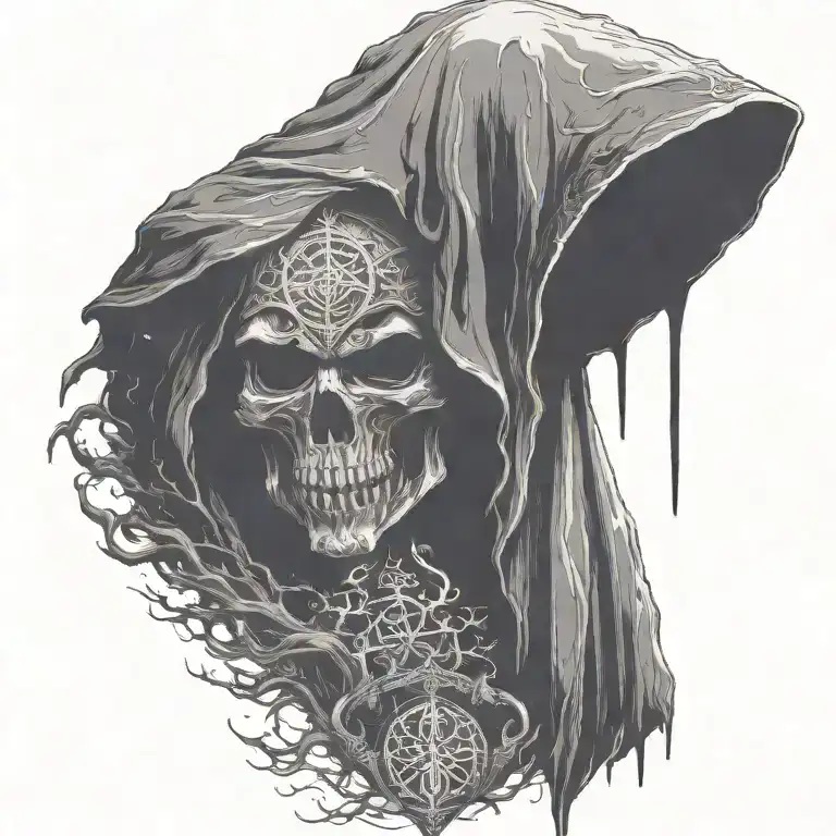 hooded reaper silohuette, smoke, fire, scary, bat wings, Viking runes, kenaz rune tattoo design idea
