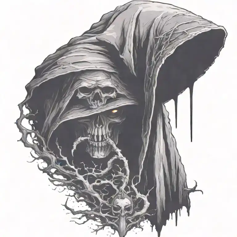 Hooded Reaper Silohuette, Smoke, Fire, Scary, Bat Wings add element for chest tattoo design idea