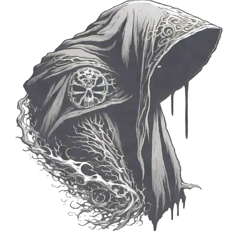 Hooded Reaper Silohuette, Smoke, Fire, Scary, Bat Wings Wings bloom tattoo design idea