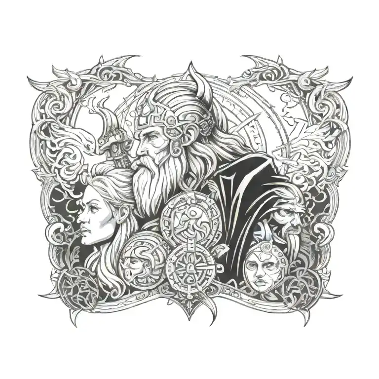 Incorporate elements of Viking mythology into a sleeve tattoo featuring Odin, Thor, and Freyja tattoo design idea