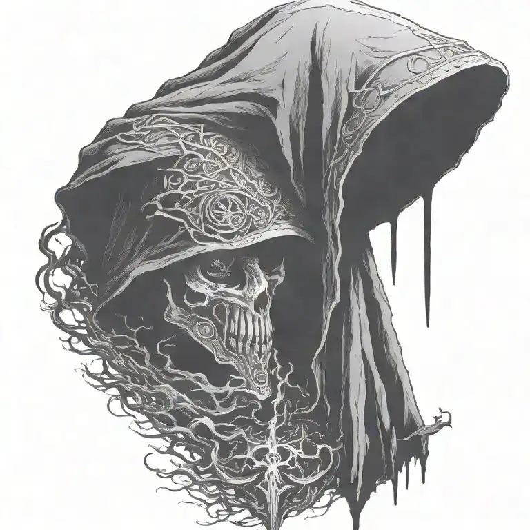 hooded reaper silohuette, smoke, fire, scary, bat wings, Viking runes tattoo design idea