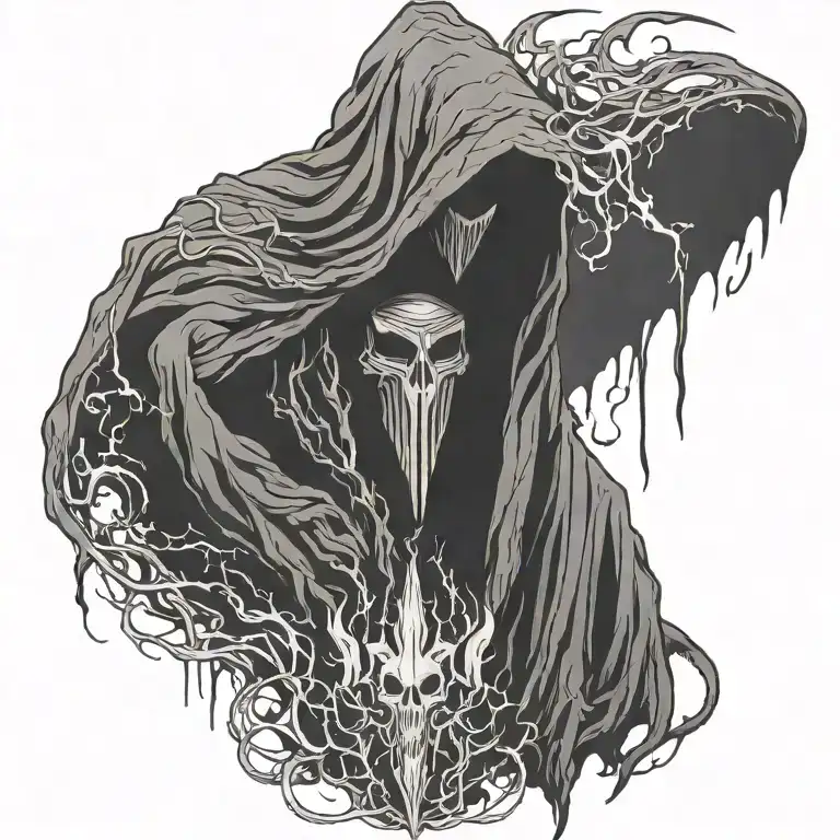 hooded reaper silohuette, smoke, fire, scary, bat wings, Viking runes, thor head tattoo design idea