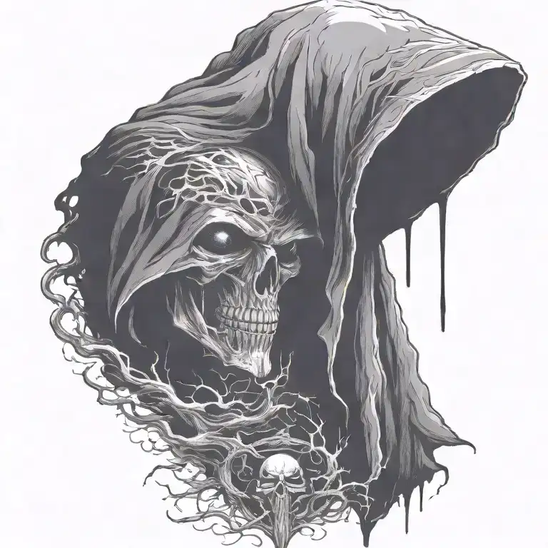 Hooded Reaper Silohuette, Smoke, Fire, Scary, Bat Wings add element for chest tattoo design idea