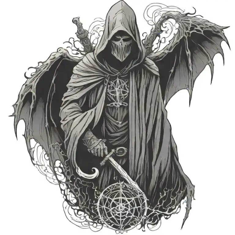 hooded reaper silohuette, smoke, fire, scary, bat wings, Viking runes, kenaz rune tattoo design idea