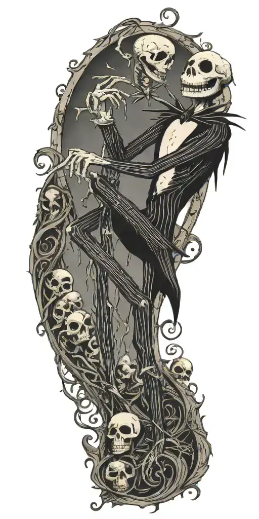 nightmare before Christmas with many skellets brutal tattoo with small jack and sally heart on arm  tattoo design idea