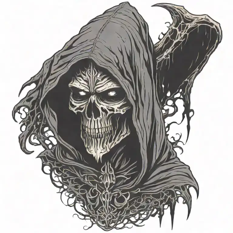 hooded reaper silohuette, smoke, fire, scary, bat wings, Viking runes, thor head tattoo design idea