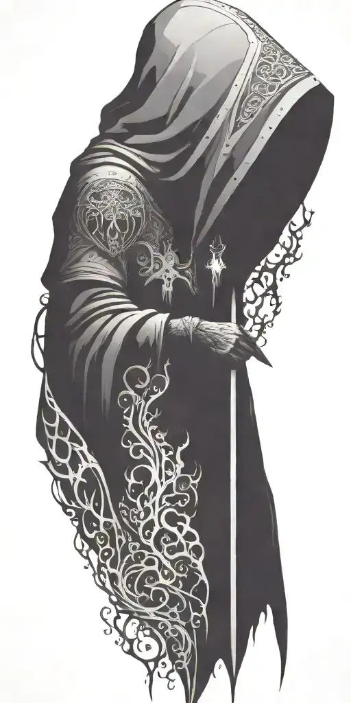 hooded reaper silohuette, smoke, fire, scary, bat wings, Viking runes tattoo design idea