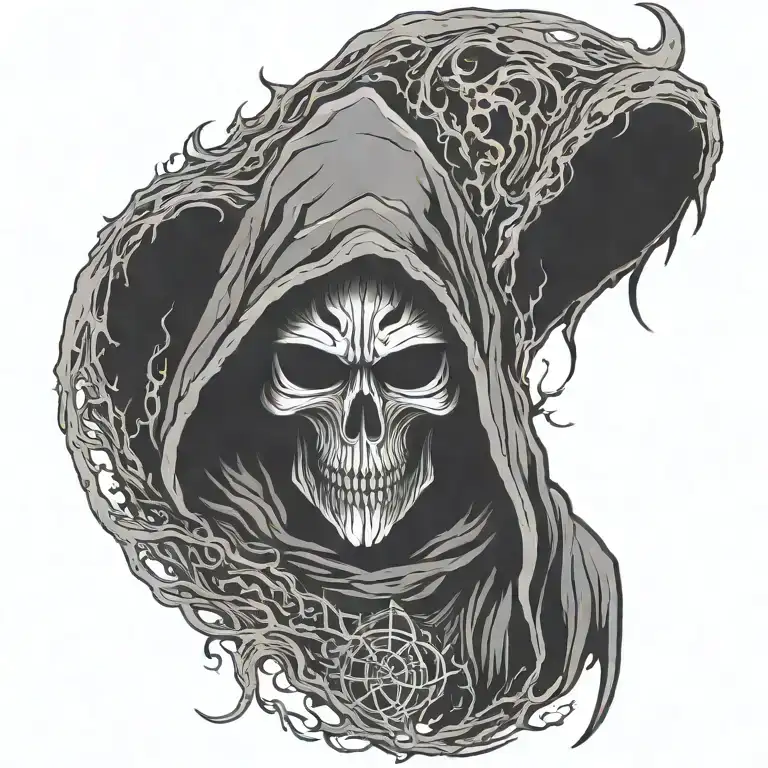 hooded reaper silohuette, smoke, fire, scary, bat wings, viking head tattoo design idea
