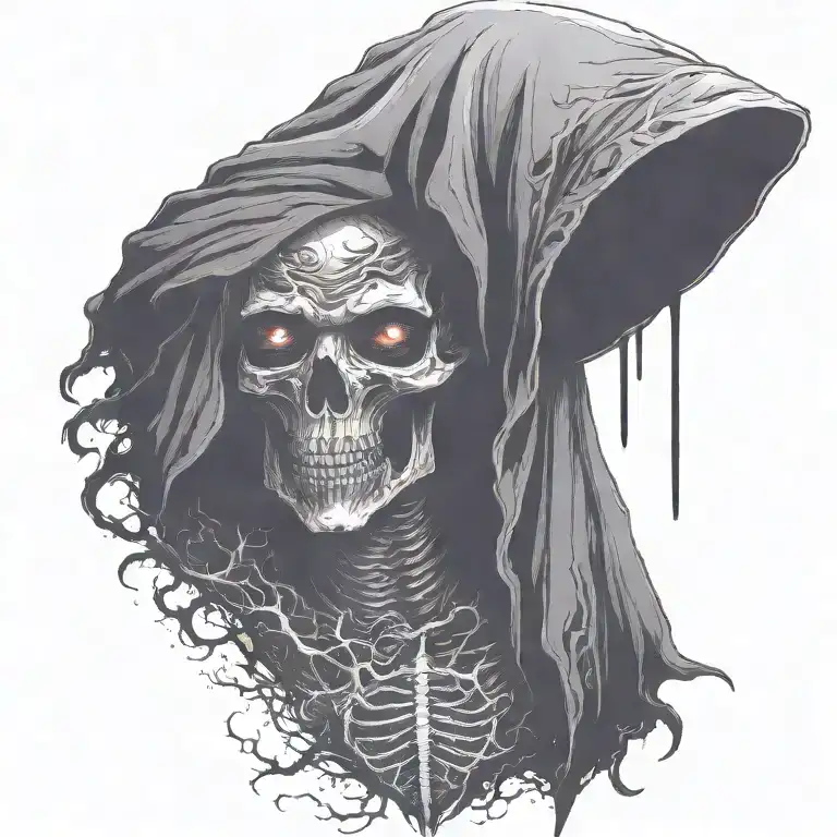 Hooded Reaper Silohuette, Smoke, Fire, Scary, Bat Wings add element for chest tattoo design idea
