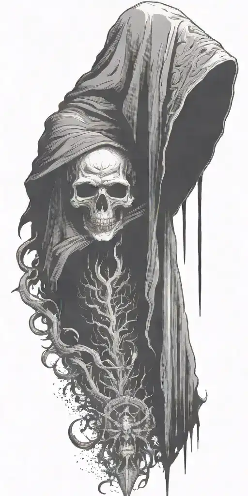 Hooded Reaper Silohuette, Smoke, Fire, Scary, Bat Wings add element for chest tattoo design idea