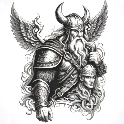 Incorporate elements of Viking mythology into a sleeve tattoo featuring Odin, Thor, and Freyja tattoo design idea