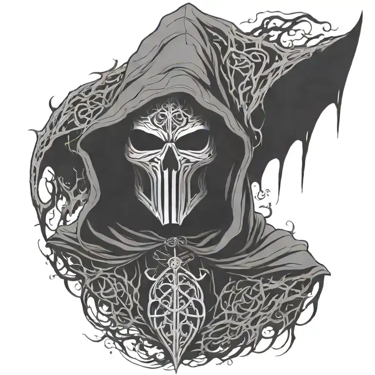 hooded reaper silohuette, smoke, fire, scary, bat wings, Viking runes, thor head tattoo design idea