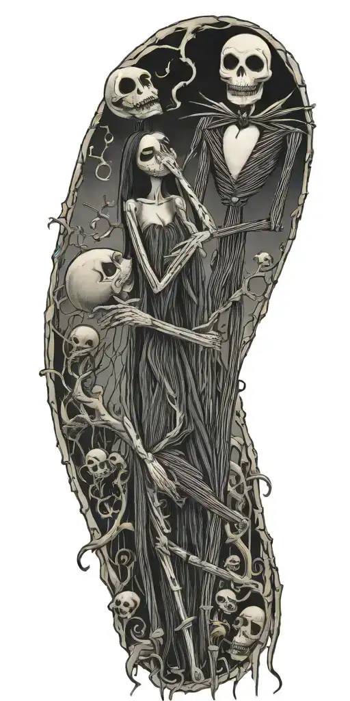 nightmare before Christmas with many skellets brutal tattoo with jack and sally on arm  tattoo design idea