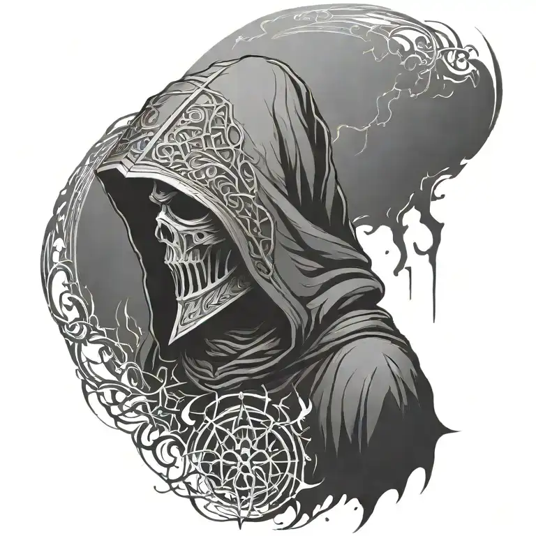 hooded reaper silohuette, smoke, fire, scary, bat wings, Viking runes, kenaz rune tattoo design idea