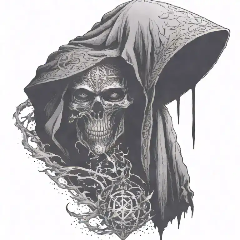 hooded reaper silohuette, smoke, fire, scary, bat wings, Viking runes, kenaz rune tattoo design idea