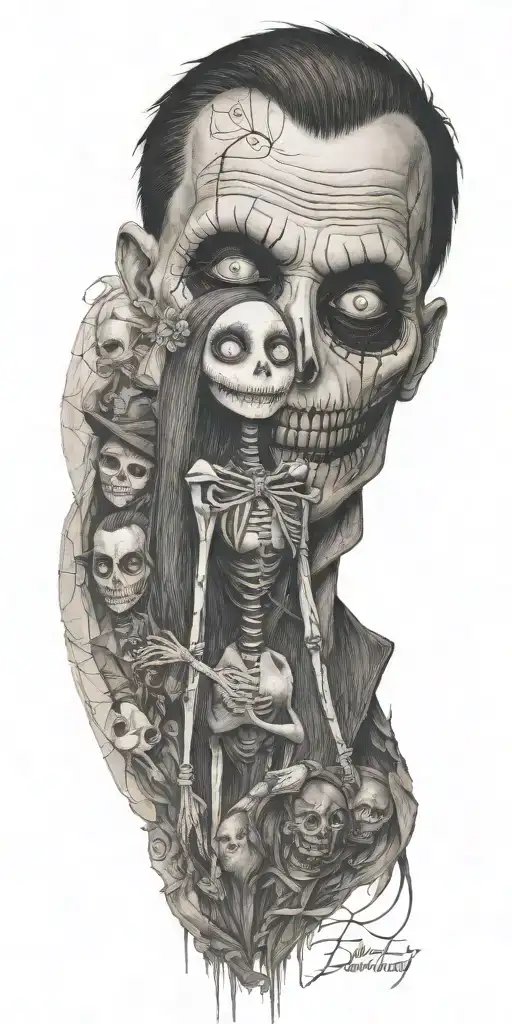 jack and sally from the nightmare instead of big head tattoo design idea