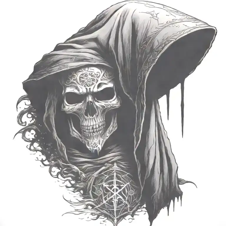 hooded reaper silohuette, smoke, fire, scary, bat wings, Viking runes, kenaz rune tattoo design idea