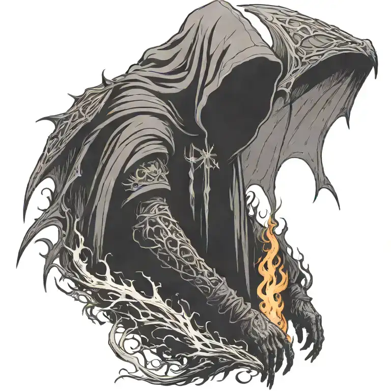 hooded reaper silohuette, smoke, fire, scary, bat wings, Viking runes tattoo design idea