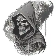 hooded reaper silohuette, smoke, fire, scary, bat wings, Viking runes, kenaz rune tattoo design idea