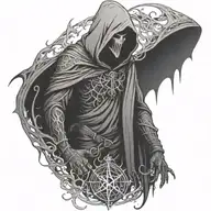 hooded reaper silohuette, smoke, fire, scary, bat wings, Viking runes, kenaz rune tattoo design idea