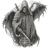 hooded reaper silohuette, smoke, fire, scary, bat wings, Viking runes, kenaz rune tattoo design idea