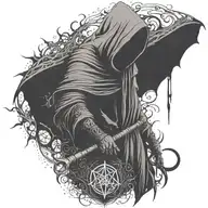 hooded reaper silohuette, smoke, fire, scary, bat wings, Viking runes, kenaz rune tattoo design idea