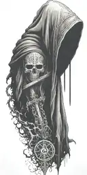hooded reaper silohuette, smoke, fire, scary, bat wings, Viking runes, kenaz rune tattoo design idea