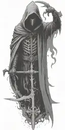 hooded reaper silohuette, smoke, fire, scary, bat wings, Viking runes, kenaz rune tattoo design idea